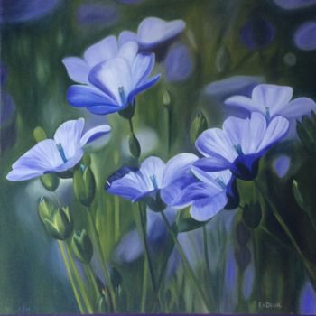 Painting titled "Fleurs Bleues" by Evelyne Deuil, Original Artwork, Oil