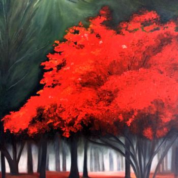 Painting titled "l'arbre rouge" by Evelyne Deuil, Original Artwork, Oil