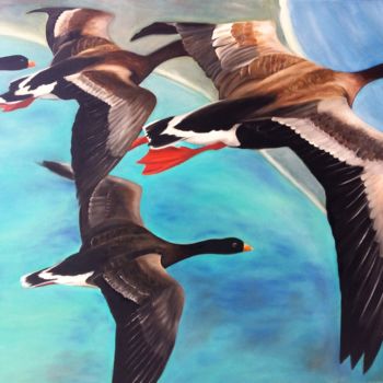 Painting titled "les oiseaux migrate…" by Evelyne Deuil, Original Artwork, Oil