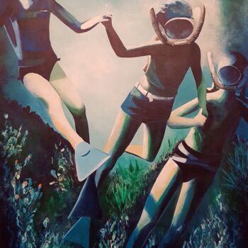 Painting titled "Le Club Cousteau" by Evelyne Sie, Original Artwork, Oil Mounted on Wood Stretcher frame