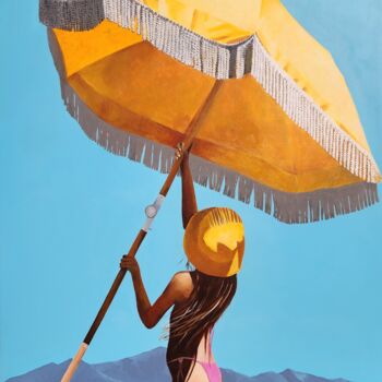 Schilderij getiteld "Le parasol jaune" door Evelyne Sie, Origineel Kunstwerk, Acryl Gemonteerd op Frame voor houten brancard