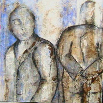 Pintura intitulada "2 hommes bleus je t…" por Evelyne Dominault, Obras de arte originais, Óleo