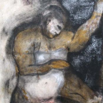 Malerei mit dem Titel "femme ocre bras levé" von Evelyne Dominault, Original-Kunstwerk, Acryl