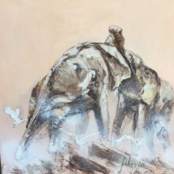 Peinture intitulée "Combat d’éléphants" par Evelyne Pichon, Œuvre d'art originale, Huile