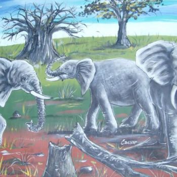 Painting titled "AFRICAN ELEPHANTS" by Mayor, Original Artwork
