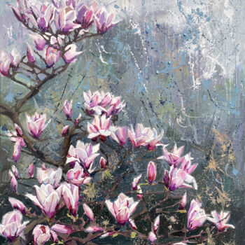 Painting titled "Magnolia" by Evgenii, Original Artwork, Oil Mounted on Wood Stretcher frame