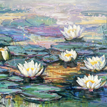 Painting titled "White lilies" by Evgenii, Original Artwork, Oil Mounted on Wood Stretcher frame