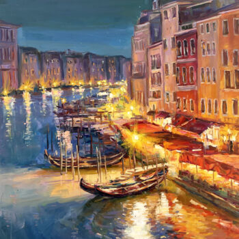 Painting titled "Venice at night" by Evgenii, Original Artwork, Oil Mounted on Wood Stretcher frame