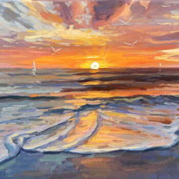 Painting titled "Sea dawn" by Evgenii, Original Artwork, Oil Mounted on Wood Stretcher frame