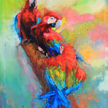 Painting titled "Red parrots" by Evgenii, Original Artwork, Oil Mounted on Wood Stretcher frame