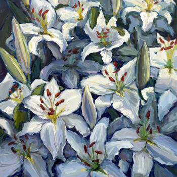 Painting titled "lilies White" by Evgenii, Original Artwork, Oil Mounted on Wood Stretcher frame