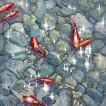 Painting titled "red koi" by Evgenii, Original Artwork, Oil Mounted on Wood Stretcher frame