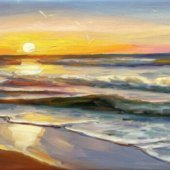 Painting titled "Sea morning" by Evgenii, Original Artwork, Oil Mounted on Wood Stretcher frame