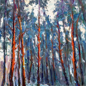 Painting titled "Winter forest" by Evgenii, Original Artwork, Oil Mounted on Wood Stretcher frame