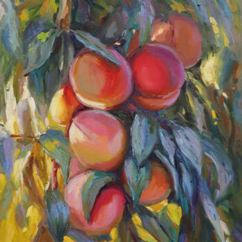 Pintura intitulada "Peaches tree" por Evgenii, Obras de arte originais, Óleo Montado em Armação em madeira