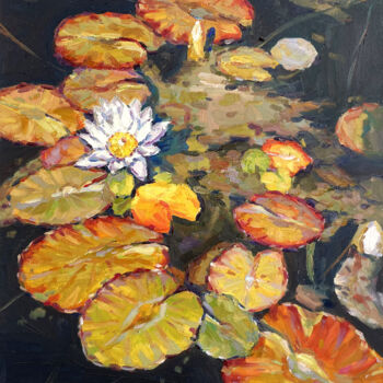 Painting titled "lily Water river" by Evgenii, Original Artwork, Oil Mounted on Wood Stretcher frame