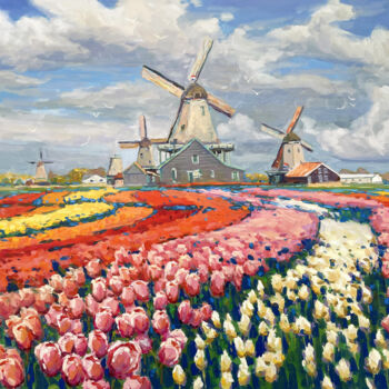 绘画 标题为“Tulips in Holland” 由Евгений, 原创艺术品, 油 安装在木质担架架上