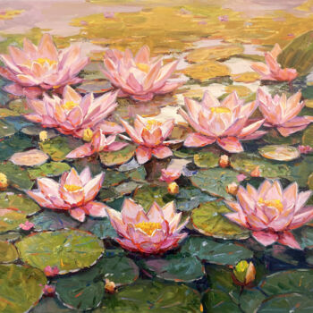 Painting titled ""Water Lily Pond"" by Evgenii, Original Artwork, Oil Mounted on Wood Stretcher frame