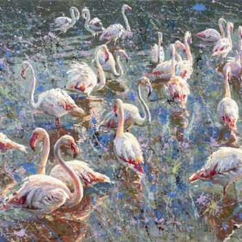 Painting titled "Flamingo Pond" by Evgenii, Original Artwork, Oil Mounted on Wood Stretcher frame