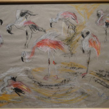 Painting titled "Flamingo in the zoo" by Evgenia Petrova, Original Artwork, Pastel