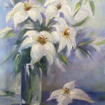 Painting titled "Lilies" by Evgenia Petrova, Original Artwork, Oil
