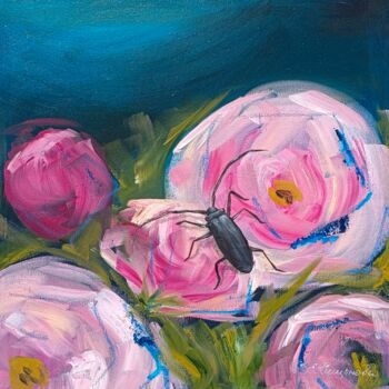 Schilderij getiteld "Le Rose Sul Blu" door Evgenia Smirnova, Origineel Kunstwerk, Olie Gemonteerd op Frame voor houten branc…