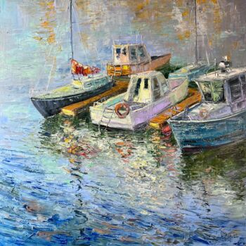 Pittura intitolato "Boats at the pier" da Evgeniya Polyudova, Opera d'arte originale, Olio