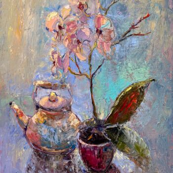 Painting titled "Pink orchid" by Evgeniya Polyudova, Original Artwork, Oil Mounted on Wood Stretcher frame