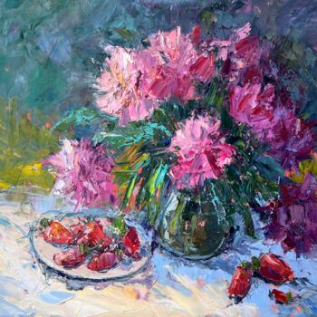 Pintura intitulada "Strawberries with p…" por Evgeniya Polyudova, Obras de arte originais, Óleo Montado em Armação em madeira