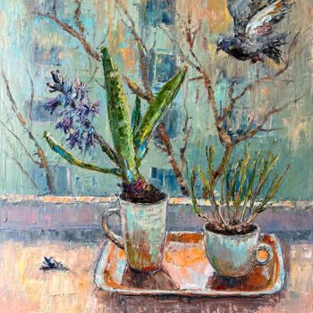 Painting titled "Spring has happened" by Evgeniya Polyudova, Original Artwork, Oil Mounted on Wood Stretcher frame