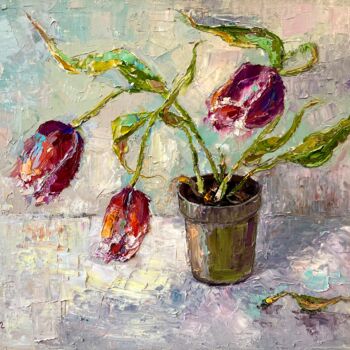 Painting titled "Tulips" by Evgeniya Polyudova, Original Artwork, Oil Mounted on Wood Stretcher frame