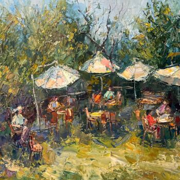 Pintura titulada "White umbrellas" por Evgeniya Polyudova, Obra de arte original, Oleo Montado en Bastidor de camilla de mad…