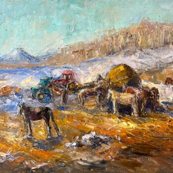 绘画 标题为“On a horse farm. Ma…” 由Evgeniya Polyudova, 原创艺术品, 油 安装在木质担架架上