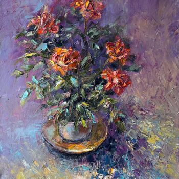 Painting titled "Tea rose" by Evgeniya Polyudova, Original Artwork, Oil Mounted on Wood Stretcher frame