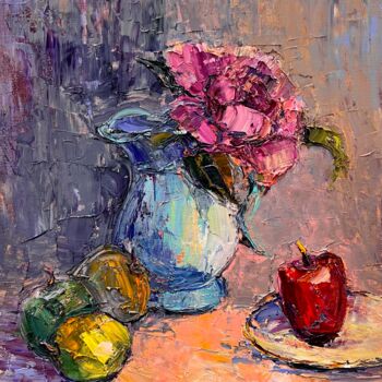 绘画 标题为“A rose in a jug” 由Evgeniya Polyudova, 原创艺术品, 油 安装在纸板上