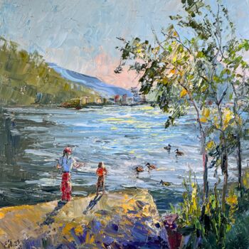 Painting titled "Kultuchnoe Lake" by Evgeniya Polyudova, Original Artwork, Oil Mounted on Wood Stretcher frame