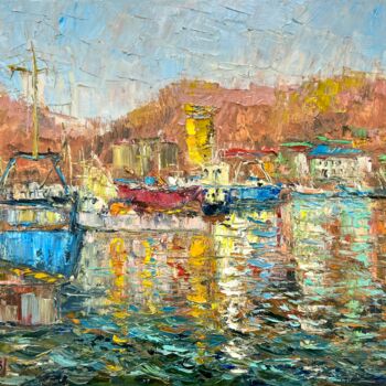 Painting titled "Autumn in the port" by Evgeniya Polyudova, Original Artwork, Oil Mounted on Wood Stretcher frame