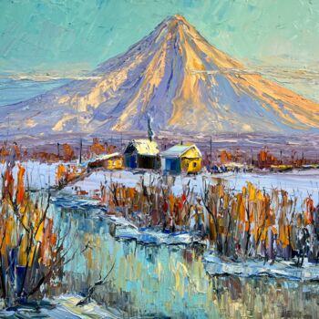 Peinture intitulée "Koryak volcano at d…" par Evgeniya Polyudova, Œuvre d'art originale, Huile Monté sur Châssis en bois