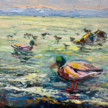 Schilderij getiteld "Ducks in Avacha Bay" door Evgeniya Polyudova, Origineel Kunstwerk, Olie