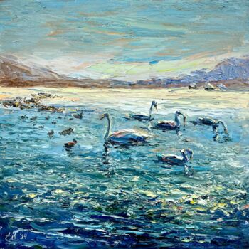 Painting titled "Swans on the Halakt…" by Evgeniya Polyudova, Original Artwork, Oil Mounted on Wood Stretcher frame