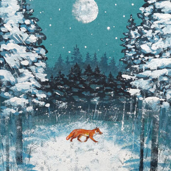 Schilderij getiteld "Fox on the snow" door Evgeniya Ryzhova, Origineel Kunstwerk, Gouache