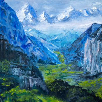 Painting titled "Mountain valley" by Evgeniya Zragevskaya, Original Artwork, Oil Mounted on Wood Panel