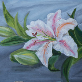 Painting titled "Lily on gray" by Evgeniya Zragevskaya, Original Artwork, Oil
