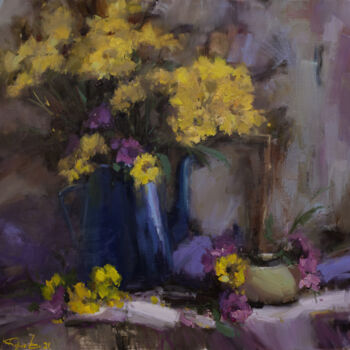 Painting titled "Bouquet with chrysa…" by Evgeny Burtsev, Original Artwork, Oil Mounted on Cardboard