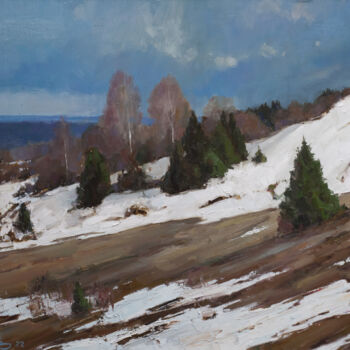 Painting titled "Spring silence. Sno…" by Evgeny Burtsev, Original Artwork, Oil Mounted on Wood Stretcher frame