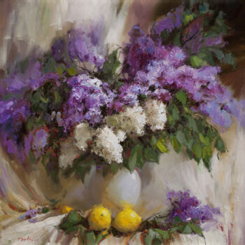 Painting titled "Lemons and lilacs.…" by Evgeny Burtsev, Original Artwork, Oil