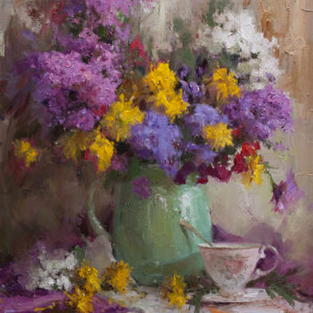 Painting titled "Autumn flowers. Flo…" by Evgeny Burtsev, Original Artwork, Oil Mounted on Wood Stretcher frame