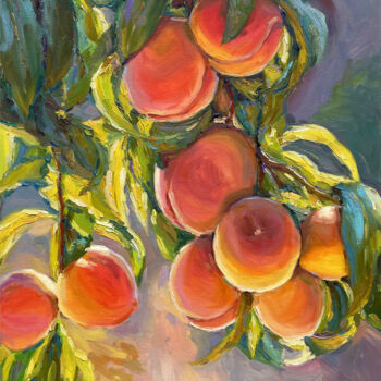 Painting titled "Peaches fruit" by Evgeny Chernyakovsky, Original Artwork, Oil Mounted on Wood Stretcher frame