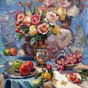 Painting titled "Still life with ros…" by Evgeny Chernyakovsky, Original Artwork, Oil Mounted on Wood Stretcher frame