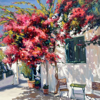 Painting titled "Blooming yard of Gr…" by Evgeny Chernyakovsky, Original Artwork, Oil Mounted on Wood Stretcher frame